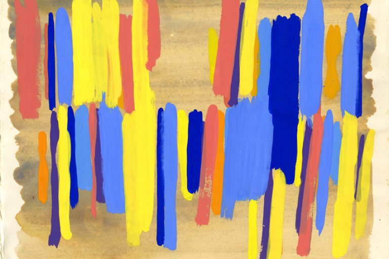 Striped painting taken from a Tom Cross Sketch book looking at the width and proportion of stripes in orange, blue and yellow.